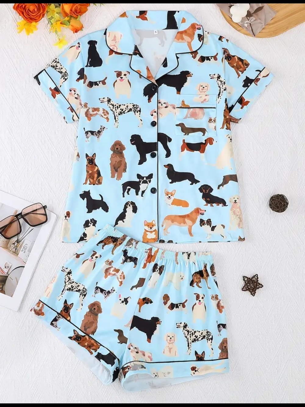 Dog Print Two-Piece Pajama Set in Light Blue